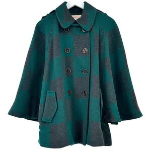 Cartonnier Anthropologie Green Gray Check Plaid Wool Loose Fit Cape Jacket Coat